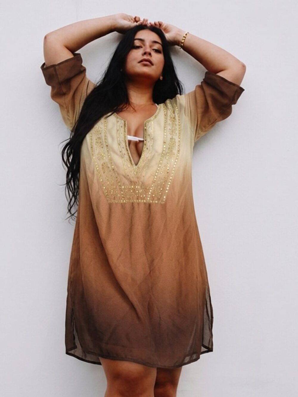 HP! Metro 7 Coffee Gradient Sequin Embroidered V-Neck Long Sleeve Beach Cover Up
